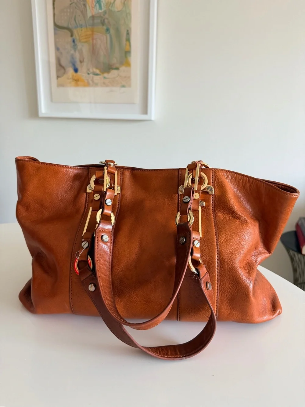 Tory Burch Cognac Leather Tote with Gold Hardware
